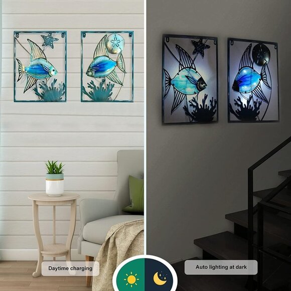 NEW Metal Fish Wall Decor with Frame-Outdoor Wall Art, Wall Decor with LED - Picture 6 of 8